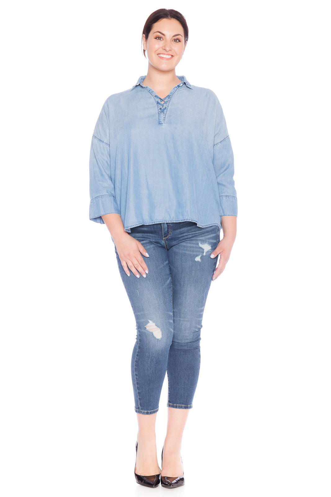 Lace Up Tencel Shirt - SKY - SLINK JEANS