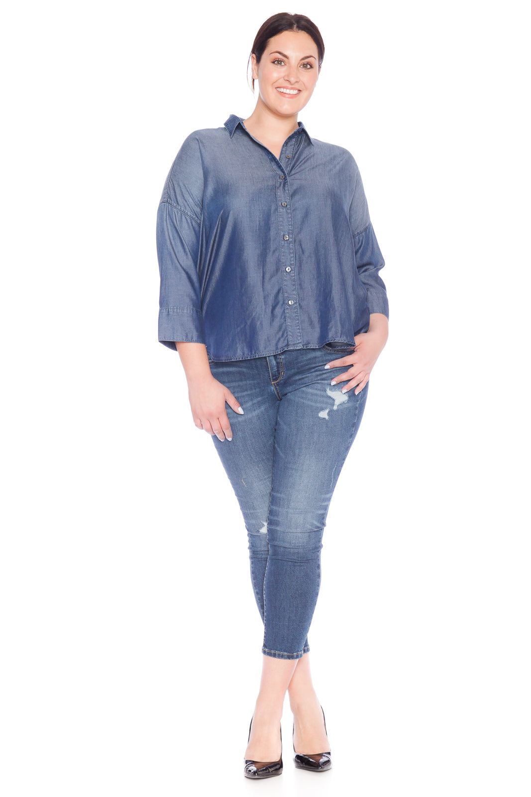 Hi-Lo Oversized Button Down Shirt - MIDNIGHT BLUE - SLINK JEANS