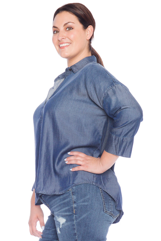 Hi-Lo Oversized Button Down Shirt - MIDNIGHT BLUE - SLINK JEANS